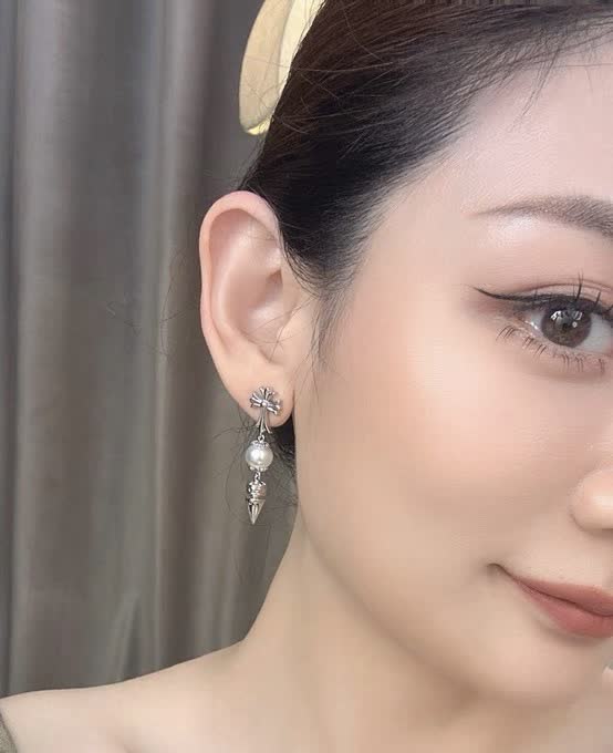 Chrome Hearts Silver Cross Pearl Drop Earrings